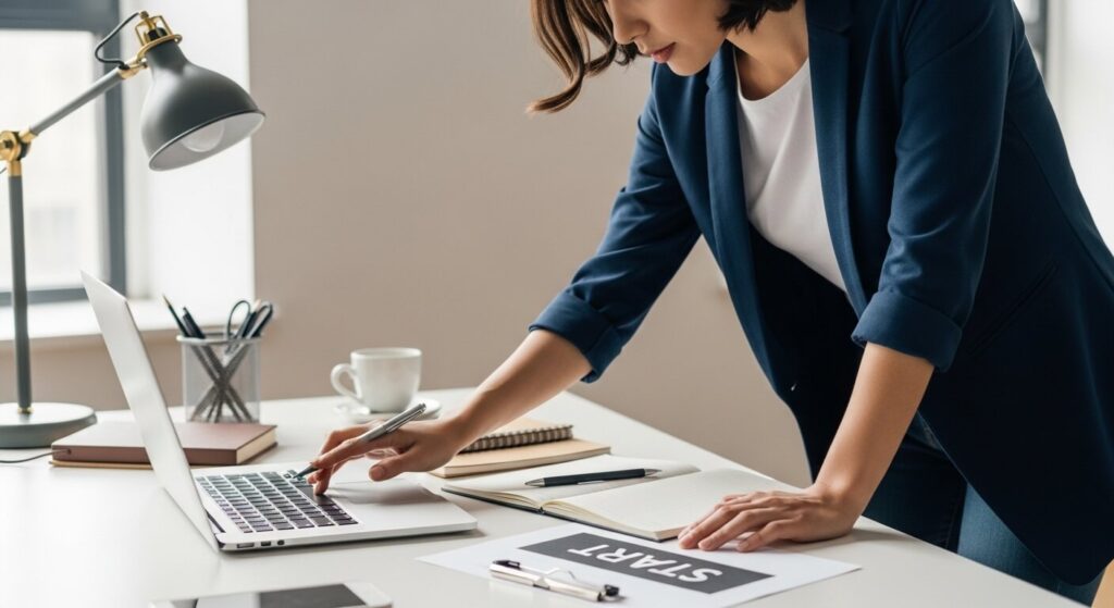 Mujer trabajando en una oficina moderna.