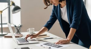 Mujer trabajando en una oficina moderna.