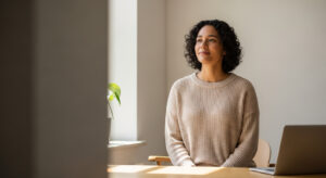 Mujer sentada en un entorno minimalista.