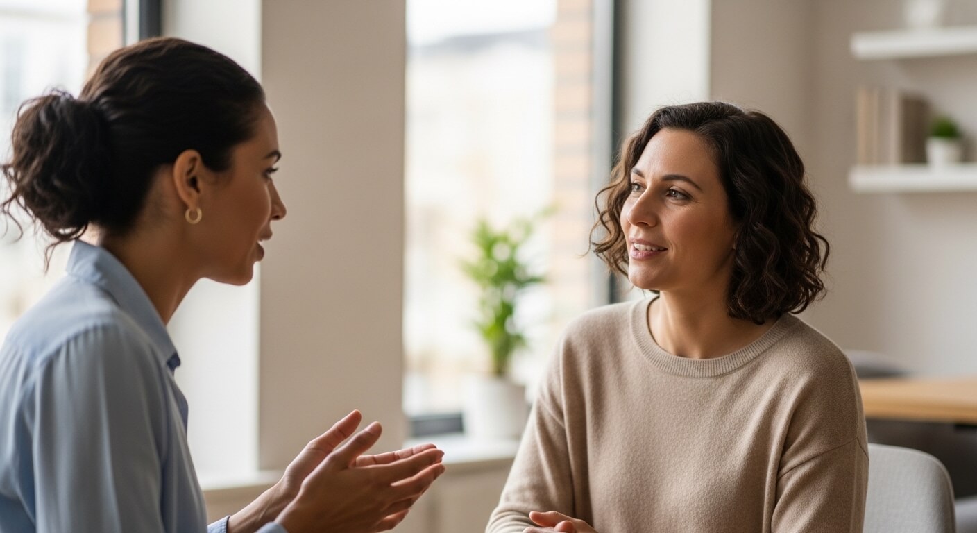 Dos personas conversando en un ambiente.