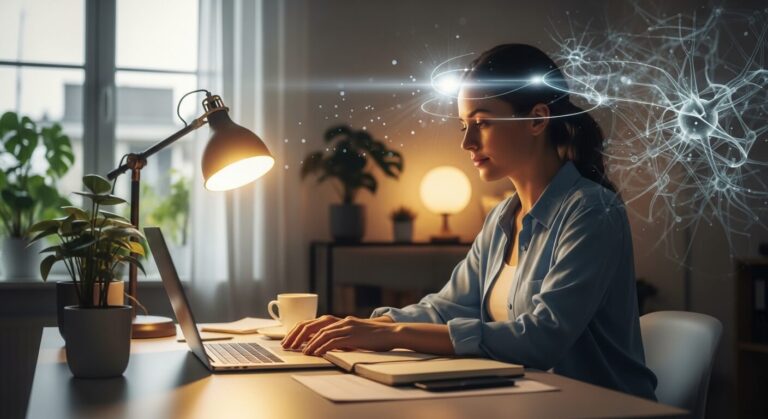 Mujer trabajando en un ambiente acogedor.