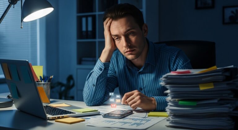 Hombre estresado en oficina oscura.